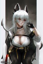 Rule 34 | 1girl, absurdres, armband, black armband, black choker, black gloves, black horns, black jacket, black pants, black tail, breasts, chest harness, choker, chromatic aberration, cleavage, collarbone, commentary request, curled horns, demon tail, earrings, gloves, grey hair, hair between eyes, hand up, harness, highres, holding necktie, horns, jacket, jacket on shoulders, jewelry, key earrings, large breasts, lemonluke101, long hair, looking at viewer, necktie, pants, red eyes, red necktie, shirt, shirt tucked in, sitting, solo, sweat, tail, unworn necktie, white shirt, wuthering waves, zani (wuthering waves)