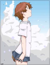 00s 1girl baseball_glove brown_hair cloud day female_focus konno_makoto looking_up lowres niea oekaki short_hair skirt sky solo toki_wo_kakeru_shoujo