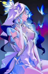 Rule 34 | 1girl, armlet, blue butterfly, blue hair, blue veil, breasts, bug, butterfly, closed eyes, closed mouth, collarbone, colored eyelashes, commentary, dress, hand up, hashtag-only commentary, highres, insect, jewelry, long hair, medium breasts, revision, serpent (pepepp39), shorekeeper (wuthering waves), sleeveless, sleeveless dress, solo, thighs, two-tone veil, veil, white dress, white veil, wuthering waves