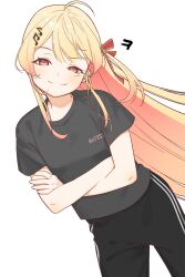 1girl ahoge black_shirt blonde_hair blush crossed_arms fortissimo group_name hair_ornament hair_ribbon highres hololive hololive_dev_is long_hair looking_at_viewer musical_note musical_note_hair_ornament one_side_up otonose_kanade red_eyes red_ribbon regloss_(hololive) ribbon shirt simple_background smile smug solo virtual_youtuber white_background zeroperpect