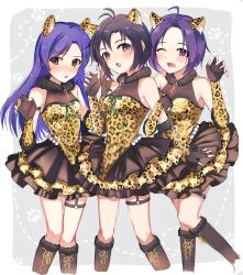 3girls absurdres animal_ears animal_print black_boots black_hair blue_hair blush boots breasts brown_eyes claw_pose cleavage cropped_legs dress elbow_gloves fake_animal_ears fang fingerless_gloves fur_collar gaogao_leopard_(idolmaster) gloves hands_up highres idolmaster idolmaster_(classic) idolmaster_million_live! idolmaster_million_live!_theater_days kikuchi_makoto kisaragi_chihaya lace-up_boots leopard_ears leopard_print locked_arms long_hair looking_at_viewer medium_breasts miura_azusa miyagi multiple_girls one_eye_closed open_mouth print_dress print_gloves purple_eyes see-through_cleavage see-through_clothes short_hair small_breasts smile standing sweatdrop thigh_strap