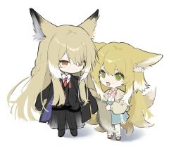 2girls :d :o animal_ear_fluff animal_ears ankle_garter arknights black_jacket black_skirt blonde_hair blue_skirt brown_eyes brown_footwear cardigan colored_tips commentary deformed fox_ears fox_girl fox_tail green_eyes holding_another&#039;s_tail jacket long_sidelocks looking_at_another mother_and_daughter multicolored_hair multiple_girls multiple_tails neck_ribbon necktie official_alternate_costume open_cardigan open_clothes open_mouth parted_lips red_necktie ribbon shirt shishan979_(seleneebai) sidelocks simple_background skirt smile suzuran_(arknights) suzuran_(spring_praise)_(arknights) symbol-only_commentary tail two-tone_hair vulpisfoglia_(arknights) white_background white_hair white_shirt