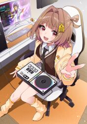 1girl :d akabeko black_necktie breasts brown_hair brown_sweater chair character_request collared_shirt commentary_request computer computer_keyboard computer_mouse controller copyright_request fangs game_controller gaming_chair goten_(510gensoku) hair_intakes hair_rings hand_up highres hood hood_down hooded_jacket indoors jacket long_sleeves loose_socks medium_breasts medium_hair miniskirt monitor necktie no_shoes open_clothes open_jacket open_mouth pink_eyes pleated_skirt sendo_yuuhi sendo_yuuhi_(1st_costume) shirt single_hair_ring sitting skirt smile socks solo sweater swivel_chair teeth upper_teeth_only v virtual_youtuber vspo! white_shirt white_skirt yellow_jacket yellow_socks