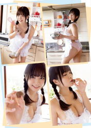 1girl apron black_hair braid breasts chocolate cleavage cooking gravure_idol indoors japanese_(nationality) kitchen medium_hair multiple_views photo_(medium) shinonome_umi solo standing twin_braids underwear