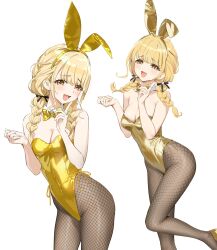 3girls animal_ears black_pantyhose blonde_hair bow braid breasts cleavage cropped_legs detached_collar fake_animal_ears fishnet_pantyhose fishnets fujita_kotone gakuen_idolmaster gold_leotard highres idolmaster leotard long_hair looking_at_viewer medium_breasts multiple_girls open_mouth pantyhose rabbit_ears shoes smile smug standing standing_on_one_leg twin_braids white_background yd_(orange_maru) yellow_bow yellow_eyes yellow_leotard yellow_shoes