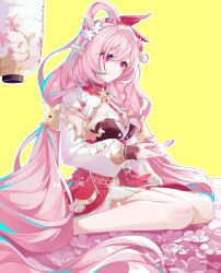 Rule 34 | 1girl, absurdres, bad source, braid, breasts, cleavage, closed mouth, dress, elysia (herrscher of human: ego) (honkai impact), elysia (honkai impact), elysia (peachy spring) (honkai impact), falling petals, flower, full body, hair between eyes, hair flower, hair ornament, hair rings, highres, honkai: star rail, honkai (series), honkai impact 3rd, lantern, long hair, long sleeves, low-tied long hair, peach blossom, petals, pink eyes, pink hair, rbai, simple background, single hair ring, sitting, smile, solo, very long hair, wariza, yellow background