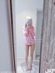 1girl asian cosplay eromanga_sensei flat_chest highres izumi_sagiri izumi_sagiri_(cosplay) long_hair no_panties pajamas phone photo_(medium) pussy selfie silver_hair solo uncensored xiaoxian