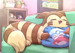 =_= closed_eyes commentary_request couch drooling furret gen_2_pokemon indoors kotobukkii_(yt_lvlv) mouth_drool nintendo no_humans on_couch open_mouth picture_frame pillow plant poke_ball_print pokemon pokemon_(creature) pokemon_focus potted_plant shelf sleeping smile solo twitter_username