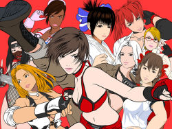 Rule 34 | 6+girls, aihara makoto, anesthesia, anesthesia (rumble roses), arm support, ass, belt, benikage, black hair, blonde hair, blue eyes, breasts, brown hair, candy, candy cane, candy cane (rumble roses), cleavage, crop top, dixie clemets, earrings, elbow gloves, eyepatch, fingerless gloves, food, front-tie top, frown, gloves, hand on own hip, hinomoto reiko, jewelry, konami, large breasts, leaning forward, lipstick, looking at viewer, looking back, loose socks, makeup, microskirt, midriff, miniskirt, miss spencer, mole, multiple girls, necklace, no bra, parted lips, pink lips, red hair, red lips, rumble roses, scarf, shirt, short hair, short shorts, shorts, sidelocks, simple background, sitting, skirt, socks, tied shirt, twintails