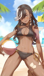 Rule 34 | 1girl, :d, absurdres, ball, bare arms, bare shoulders, barefoot, beach, beachball, bikini, black bikini, black hair, blue sky, blurry, blurry background, breasts, centurion (reverse:1999), cleavage, cloud, cowboy shot, dark-skinned female, dark skin, day, earrings, hair between eyes, highres, holding, holding ball, holding beachball, horizon, jewelry, leg up, long hair, looking at viewer, medium breasts, multicolored hair, navel, ocean, open mouth, outdoors, reverse:1999, sand, sky, smile, solo, stomach, streaked hair, string bikini, swept bangs, swimsuit, taylor (41848077), teeth, thighlet, upper teeth only, wet, white hair, yellow eyes