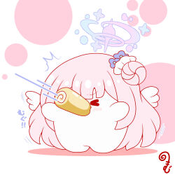 Rule 34 | &gt; &lt;, ^^^, blue archive, blue flower, cake, chibi, closed eyes, colored shadow, flower, food, full body, hair bun, hair flower, hair ornament, halo, highres, kurukurumagical, mika (blue archive), mini wings, motion lines, outstretched arms, pink hair, shadow, single side bun, solo, speed lines, standing, swiss roll, translation request, v-shaped eyebrows, white background, white wings, wings
