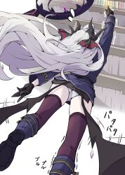 1girl black_gloves black_skirt blue_archive blue_vest bookshelf boots commentary_request demon_girl demon_horns demon_wings from_below gloves halo highres hina_(blue_archive) horns long_hair mosuke1221 outstretched_arm panties pencil_skirt purple_halo purple_thighhighs reaching skirt solo thighhighs thighs underwear very_long_hair vest white_hair white_panties wings