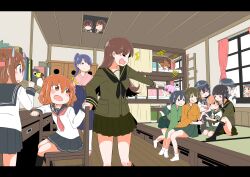 1boy 6+girls admiral_(kancolle) age_difference ahoge akagi_(kancolle) akatsuki_(kancolle) bed black_hair black_neckerchief black_socks book breasts brown_hair bunk_bed chair closed_eyes curtains desk failure_penguin fang flat_cap food food_on_face hakama hakama_skirt hat hibiki_(kancolle) highres hiryuu_(kancolle) houshou_(kancolle) ikazuchi_(kancolle) inazuma_(kancolle) indoors japanese_clothes kaga_(kancolle) kantai_collection kimono kiso_(kancolle) kitakami_(kancolle) kuma_(kancolle) letterboxed little_boy_admiral_(kancolle) long_hair lying maru-yu_(kancolle) medium_breasts mochisaka_mitsuki multiple_girls neckerchief notice_lines one_eye_closed onee-shota ooi_(kancolle) open_mouth pink_hair pleated_skirt ponytail red_neckerchief sailor_collar school_uniform serafuku shaded_face short_hair sitting skirt sleeping socks souryuu_(kancolle) spoken_squiggle squiggle sweatdrop tama_(kancolle) wide_sleeves window zzz