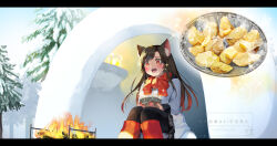 1girl animal_ear_fluff animal_ears ari_don baked_potato black_pants blush brown_hair campfire commentary_request day drooling_blood fire highres igloo imaizumi_kagerou jacket leg_warmers letterboxed long_hair long_sleeves open_mouth outdoors pants red_eyes red_leg_warmers red_nails red_scarf saliva scarf sitting snow snow_shelter solo touhou tree watermark white_jacket winter wolf_ears wolf_girl