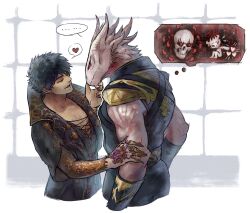 ... 2boys baldur&#039;s_gate baldur&#039;s_gate_3 beard_stubble bhaal black_coat black_hair claw_ring closed_eyes coat cropped_torso dragon_boy dragon_horns dragonborn_(d&amp;d) dungeons_&amp;_dragons dungeons_&amp;_dragons enver_gortash facial_hair furry furry_male grabbing_another&#039;s_chin hand_on_another&#039;s_arm hand_on_another&#039;s_chin heart highres horns interspecies male_focus multiple_boys red_eyes shiba156_ff14 short_hair speech_bubble spoken_ellipsis spoken_heart stubble the_dark_urge_(baldur&#039;s_gate) thought_bubble upper_body white_background yaoi