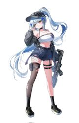 1girl bare_shoulders baseball_cap black_jacket black_shoes blue_hair blue_shorts breasts cleavage collar crop_top cross_hair_ornament girls&#039;_frontline girls&#039;_frontline_2:_exilium green_eyes gun hair_ornament hat highres hk416_(girls&#039;_frontline) holding holding_gun holding_weapon jacket jewelry klukai_(girls&#039;_frontline_2) long_hair looking_at_viewer midriff navel necklace nyan_(nyan12309) open_clothes open_jacket ponytail shoes shorts simple_background single_fishnet_legwear single_thighhigh solo tattoo teardrop_facial_mark teardrop_tattoo thigh_strap thighhighs torn_clothes torn_thighhighs weapon white_background