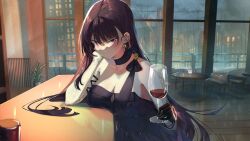 1girl absurdres alcohol black_gloves blush building closed_mouth covenant_halo_(girls&#039;_frontline_2) cup dress drinking_glass earrings girls&#039;_frontline girls&#039;_frontline_2:_exilium gloves hashtag-only_commentary highres holding holding_cup indoors jewelry long_hair looking_at_viewer makiatto_(girls&#039;_frontline_2) official_alternate_costume purple_dress purple_hair rain red_eyes shidoni smile solo table wa2000_(ballroom_interlude)_(girls&#039;_frontline) wa2000_(girls&#039;_frontline) window wine wine_glass