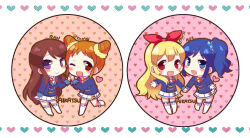 4girls aikatsu!_(series) arisugawa_otome blonde_hair blue_eyes blue_hair blue_jacket blush_stickers character_name cone_hair_bun copyright_name hair_bun heart hoshimiya_ichigo jacket kiriya_aoi long_hair long_sleeves multiple_girls one_eye_closed open_mouth purple_eyes red_eyes shibuki_ran skirt tarabagani white_skirt