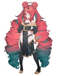 1girl ahoge black_jacket black_tank_top black_thighhighs bottomless breasts closed_mouth covered_navel double_bun drill_hair drill_sidelocks fang fang_out full_body gold_choker gradient_hair green_hair groin hair_bun hair_ornament hairclip halterneck hands_on_own_hips heart heart_ahoge highres jacket long_hair looking_at_viewer mosou_keito multicolored_hair off_shoulder original pelvic_curtain puffy_sleeves red_hair sidelocks simple_background small_breasts solo standing tank_top thighhighs twin_drills very_long_hair white_background yellow_eyes