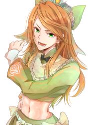 1girl abs black_bow black_bowtie bow bowtie crop_top etie_(fire_emblem) fire_emblem fire_emblem_engage gem green_bow green_eyes green_shirt green_skirt hair_bow highres long_hair long_sleeves looking_at_viewer midriff navel nintendo open_mouth orange_hair shirt skirt solo sturm_fe_k11 swept_bangs tiara yellow_gemstone