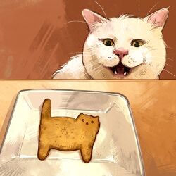 absurdres animal-themed_food animal_focus cat catwheezie commentary cookie english_commentary food highres looking_at_food no_humans open_mouth original photo-referenced table teeth tray whiskers white_cat white_fur wooden_table yellow_eyes