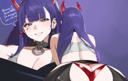 1girl akuma_nihmune ass black_collar breasts butt_crack cleavage collar commentary earrings english_commentary english_text facial_mark grey_sports_bra hair_ornament hairclip heart horns indie_virtual_youtuber jewelry large_breasts no_nut_november purple_background purple_eyes purple_hair red_horns smile sports_bra thernz thong virtual_youtuber