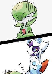 Rule 34 | blue eyes, bob cut, closed eyes, colored sclera, colored skin, crossed arms, froslass, gardevoir, gen 3 pokemon, gen 4 pokemon, green hair, green skin, grey background, hair over one eye, highres, mikanbouzuuu, multicolored skin, nintendo, pokemon, pokemon (creature), simple background, sweatdrop, two-tone skin, white skin, yellow sclera
