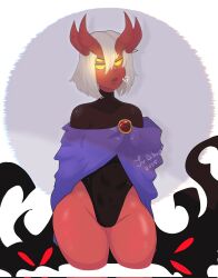 abs black_leotard blue_background cape cloak colored_skin cowboy_shot dc_comics demon demon_girl demon_horns dibujaliu extra_eyes four_eyes gem glowing glowing_eyes gradient_background hair_between_eyes highres horns jewelry leotard looking_at_viewer multiple_horns possessed purple_cloak raven_(dc) red_eyes red_skin shadow short_hair simple_background superhero_costume teen_titans_(tv_series) trigon turtleneck white_background white_hair yellow_eyes