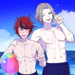 2boys ^_^ abs ahoge aotsuki_eito ball beachball black_streaks blue_sky blue_swim_trunks blush bottle closed_eyes collarbone commentary facing_viewer grey_eyes grey_hair hand_on_another&#039;s_shoulder holding holding_ball holding_beachball holding_bottle horizon looking_at_viewer lotion male_focus multicolored_hair multiple_boys navel nipples no_shirt ocean one_eye_closed red_hair seiran_yoroz short_hair sky smile streaked_hair sumino_takumi sunscreen symbol-only_commentary teeth the_hundred_line_-last_defense_academy- upper_teeth_only v water wet wink_star