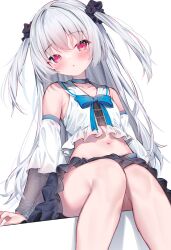 1girl bare_shoulders black_scrunchie black_skirt blue_choker blush choker commentary_request commission crop_top detached_sleeves eip_(pepai) feet_out_of_frame hair_ornament hair_scrunchie highres long_hair looking_at_viewer midriff miniskirt navel original paid_reward_available red_eyes scrunchie shirt simple_background sitting skeb_commission skirt sleeveless sleeveless_shirt solo two_side_up white_background white_hair white_sleeves