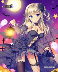 1girl absurdres alternate_costume ambitious_mission arisue_tsukasa asymmetrical_legwear bare_shoulders bat_(animal) black_choker black_dress black_flower black_rose black_thighhighs black_veil blonde_hair blue_eyes blush breasts choker closed_mouth collarbone colored_eyelashes company_name copyright_name cross cross_earrings dark-skinned_female dark_skin detached_sleeves dress dress_flower earrings eyelashes feet_out_of_frame fishnet_thighhighs fishnets flower frilled_choker frills full_moon garter_straps ghost gothic_lolita gradient_background hair_between_eyes hair_flower hair_intakes hair_ornament halloween halloween_costume hand_up highres holding holding_lantern hongou_nijimu hoop_earrings jack-o&#039;-lantern jewelry lantern large_breasts lips lolita_fashion long_hair looking_at_viewer mismatched_legwear moon no_bra official_art official_wallpaper one_side_up outdoors purple_background rose simple_background skirt_hold sleeveless sleeveless_dress smile solo standing star_(symbol) stud_earrings thighhighs veil