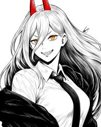 Rule 34 | 1girl, absurdres, black necktie, chainsaw man, collared shirt, cross-shaped pupils, demon horns, hair between eyes, highres, horns, lips, long hair, looking at viewer, lughost, necktie, open mouth, power (chainsaw man), red horns, sharp teeth, shirt, simple background, smile, solo, spot color, symbol-shaped pupils, teeth, white background, white shirt