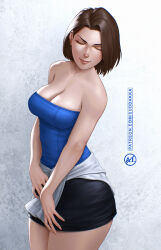 Rule 34 | 1girl, artist name, black skirt, blue tube top, breasts, brown hair, closed eyes, clothes around waist, grey background, highres, jill valentine, miniskirt, paid reward available, patreon username, resident evil, resident evil 3: nemesis, short hair, skirt, strapless, suddakka, sweater, sweater around waist, tube top