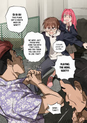 1girl 3boys absurdres brown_hair duc_94 english_text glasses highres jacket multiple_boys original pink_hair school_uniform