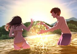 1boy 1girl absurdres ass bikini blue_male_swimwear brown_hair closed_eyes couple evening highres hill lake long_hair male_swimwear nap_on_a_cloud open_mouth original short_hair splashing sunset swim_trunks swimsuit wading yellow_bikini