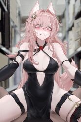 1boy 1girl absurdres animal_ears arknights bare_shoulders black_dress breasts clenched_teeth commission dress girl_on_top hair_intakes hair_ornament highres implied_sex large_breasts long_hair looking_at_viewer mildt pelvic_curtain pink_eyes pink_hair pozyomka_(arknights) sleeveless sleeveless_dress spread_legs tail teeth thigh_strap thighs very_long_hair wolf_ears wolf_tail