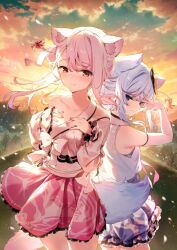 2girls animal_ears bare_shoulders blue_eyes blue_hair fox_ears fox_girl fox_tail hair_ornament hair_stick hanbok highres kitsune_ga_boku_wo_matteiru kitsune_ga_boku_wo_matteiru_hana korean_clothes multiple_girls off_shoulder official_art pink_hair pink_skirt ryufa_(kitsune_ga_boku_wo_matteiru) shua_(kitsune_ga_boku_wo_matteiru) siblings side_ponytail sisters skirt tail third-party_source