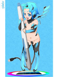 1girl bad_id bad_pixiv_id blue_eyes blue_hair elbow_gloves female_focus gloves loli maebari matching_hair/eyes oshiruko_(shiruko) pen pixiv pixiv-tan solo stylus thighhighs usb wacom