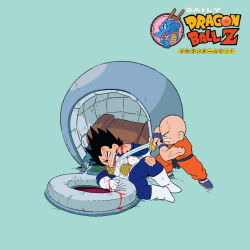 2boys angry bald bald_male black_eyes black_hair blood dragon_ball kuririn multiple_boys on_the_throat saiyan_armor scratches spaceship sword torn_clothes vegeta weapon