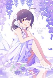 1girl absurdres akaruku alternate_costume birthday bouquet character_name choker commentary dress earrings flower fujinami_(kancolle) hair_ribbon highres jewelry kantai_collection looking_at_viewer one_eye_closed open_mouth orange_eyes petals ponytail purple_dress purple_flower purple_hair ribbon shoes sitting sleeveless sleeveless_dress solo sparkle symbol-only_commentary white_choker white_dress white_ribbon white_shoes