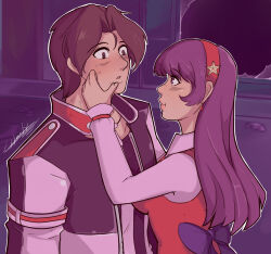1boy 1girl asamiya_athena blush blushing_male brown_hair charlyarts highres idol jacket kusanagi_kyou purple_eyes purple_hair school_uniform snk the_king_of_fighters white_jacket