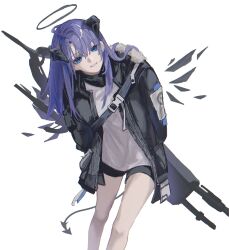 1girl absurdres ahoge arknights arknights_yuu12 arms_behind_back bare_legs belt black_halo black_horns black_jacket black_shorts black_tail black_wings blue_eyes blue_hair commentary demon_horns demon_tail energy_wings feet_out_of_frame fur-trimmed_hood fur_trim grey_shirt hair_between_eyes halo highres hood hooded_jacket horns jacket leaning_to_the_side looking_at_viewer medium_hair mostima_(arknights) open_clothes open_jacket parted_lips shirt short_shorts shorts sidelocks simple_background smile solo staff tail thighs traditional_halo white_background wings