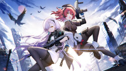 2girls :d ak-alfa ak-alfa_(girls&#039;_frontline) ankle_boots back-to-back backlighting belt beret bird black_coat black_footwear black_gloves black_pantyhose blue_sky boots brown_coat brown_headwear building cheeta_(girls&#039;_frontline_2) closed_mouth cloud coat coat_dress dot_mouth dress eyes_visible_through_hair feet_out_of_frame fold-over_boots foot_out_of_frame girls&#039;_frontline girls&#039;_frontline_2:_exilium gloves gun h&amp;k_mp7 hair_over_one_eye hat headset highres holding holding_gun holding_weapon layered_sleeves leg_up long_hair long_sleeves looking_at_viewer mp7_(girls&#039;_frontline) multiple_girls open_mouth pantyhose pink_hair pouch quan_(kurisu_tina) ruins shirt short_hair short_over_long_sleeves short_sleeves skindentation sky smile submachine_gun thigh_belt thigh_pouch thigh_strap tololo_(girls&#039;_frontline_2) weapon white_dress white_hair white_shirt yellow_eyes