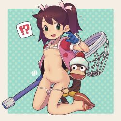 !? 1girl absurdres artist_name bikini bikini_pull bikini_top_lift breasts brown_hair censored clothes_lift clothes_pull feet flying_sweatdrops gloves green_eyes hair_ribbon highres jacket kneeling legs loli mawaru_(mawaru) monkey navel nervous_smile net nipples open_clothes open_jacket open_mouth pipo_monkey pulling_another&#039;s_clothes pussy ribbon saru_getchu sayaka_(saru_getchu) small_breasts smile surprised swimsuit thighs tongue twintails white_bikini