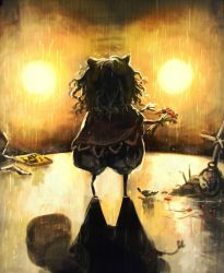 1girl animal_ears car female_focus flower from_behind grave grey_hair koto_inari light motor_vehicle mouse_(animal) mouse_ears nazrin rain solo touhou