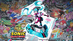1girl amy_rose animal_ear_headphones animal_ears black_boots black_gloves black_shirt black_shorts blue_eyes blue_hair boots cameo cat_ear_headphones character_name charmy_bee colored_shoe_soles commentary_request copyright_name copyright_notice diva_macchina dr._eggman elbow_gloves espio_the_chameleon fake_animal_ears fingerless_gloves floating_hair full_body gloves graffiti hair_between_eyes hatsune_miku headphones headset highres holographic_clothing hoverboard jacket jet_the_hawk knuckles_the_echidna logo long_hair looking_at_viewer metal_sonic official_art open_clothes open_jacket shadow_the_hedgehog shirt short_sleeves shorts silver_the_hedgehog smile solo sonic_(series) sonic_racing:_crossworlds sonic_the_hedgehog sonic_the_hedgehog_official star_(symbol) storm_the_albatross tails_(sonic) twintails very_long_hair vocaloid wave_the_swallow white_jacket zazz