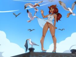 Rule 34 | 1girl, :o, artist name, assisted exposure, bare arms, bare shoulders, bird, blue sky, borrowed character, breasts, clothes lift, clothes theft, cloud, collarbone, commentary, dark-skinned female, dark skin, day, dr graevling, dress, dress lift, english commentary, female pubic hair, flip-flops, food, full body, green eyes, highres, long hair, low ponytail, malyna (malberrybush), open mouth, original, outdoors, pier, ponytail, pubic hair, pussy, red hair, sandals, sausage, seagull, shaped pubic hair, shiny skin, sky, small breasts, solo, sparse pubic hair, theft, uncensored, white dress