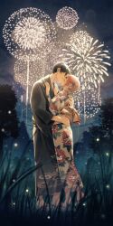 1boy 1girl aged_up anya_(spy_x_family) black_hair black_kimono closed_eyes conconcon1031 damian_desmond fireworks floral_print floral_print_kimono geta grass hairpods highres japanese_clothes kimono kiss long_sleeves night night_sky on_grass pink_hair print_kimono sky spy_x_family white_kimono
