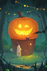 1girl artist_name bat_(animal) black_cat cat forest ghost ghost_costume glowing grass halloween halloween_bucket hat highres holding huhv. jack-o&#039;-lantern lantern nature original outdoors pumpkin standing tree witch witch_hat