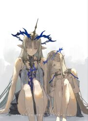 2girls ankii_illus arm_support bare_shoulders black_collar black_dress blonde_hair blue_eyes cartethyia_(wuthering_waves) character_name closed_eyes collar crown_of_thorns dress fleurdelys_(wuthering_waves) floating_crown hashtag-only_commentary highres horns knees_up looking_at_viewer multiple_girls pointy_ears single_horn sitting tabard tacet_mark_(wuthering_waves) unicorn white_background white_tabard wuthering_waves yellow_horns